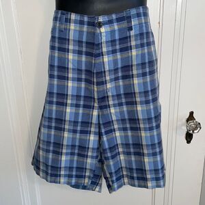 Chaps navy blue, light blue, yellow & white plaid cotton flat front shorts